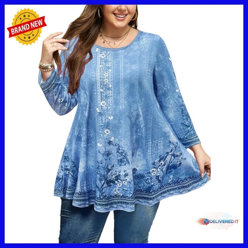 Plus Size 3/4 Sleeve Tunic Top - Flowy Swing Fit - Polyester Spandex